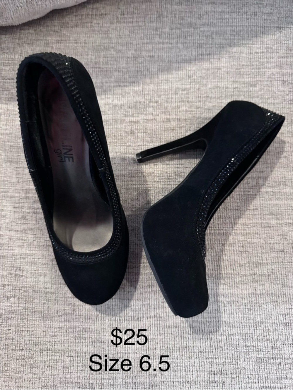 Madeline Girl Black Platform Stiletto Heels with Rhinestone Trim